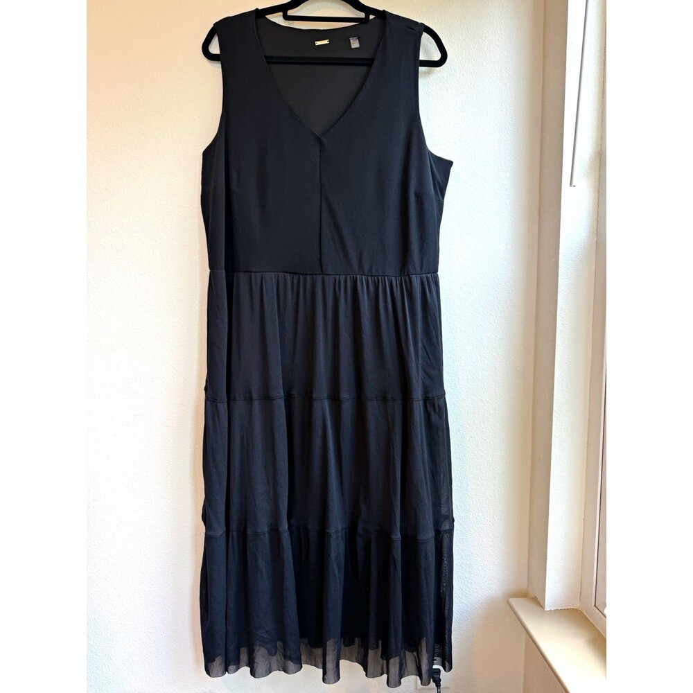 Tahari Black Mesh Tiered A-Line Midi Dress V-Neck Sleeveless Lined 1X